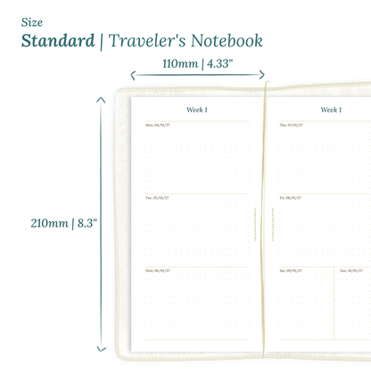 Calendar planner PDF printable insert with dimensions labeled on a white background to show the size supported which is Standard size for Traveler's Notebook.