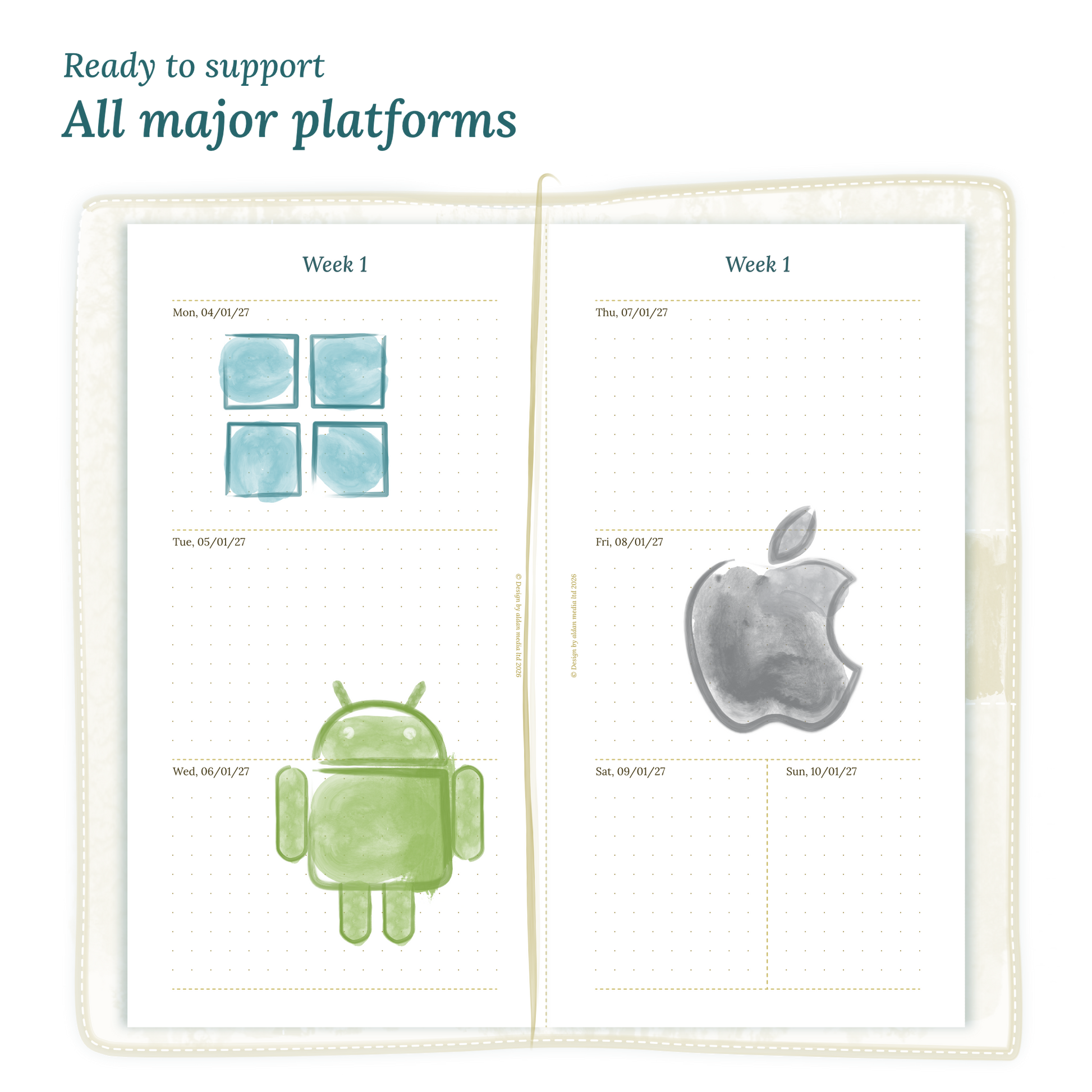 Open planner calendar insert with Windows, Android and Apple logos on a white background to show what operating systems are supported by our PDF printables for Standard size Traveler's Notebook planner.