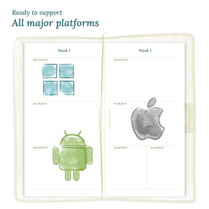 Open planner calendar insert with Windows, Android and Apple logos on a white background to show what operating systems are supported by our PDF printables for Standard size Traveler's Notebook planner.