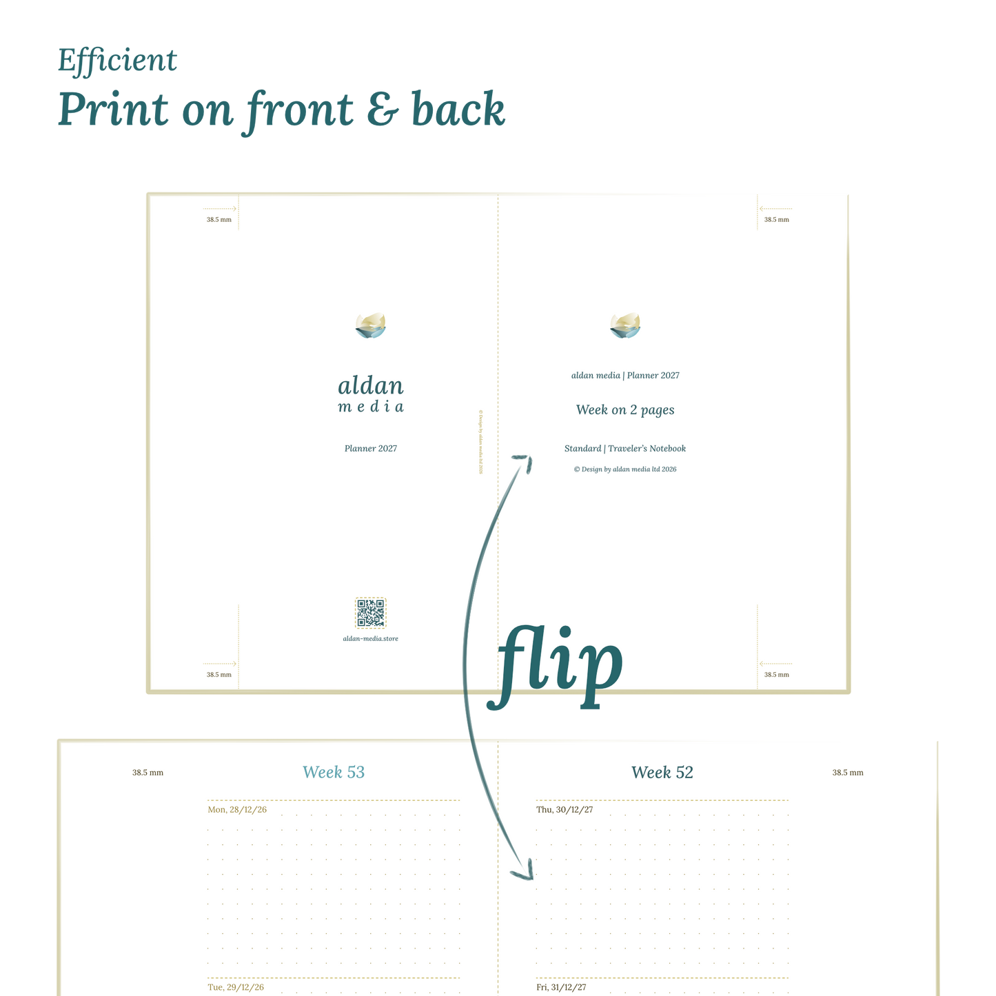 Printable PDF calendar design with a title illustration and text indicating efficient printing on front and back of the A4 page for Standard size Traveler's Notebook planner.