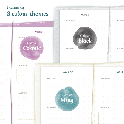 Three colour variants of the calendar designs of the PDF printable inserts with colour themes 'Cosmic/Raspberry', 'Black', and 'Ming/Blue' displayed to show how they look like on this module W2P week on 2 pages for Standard size Traveler's Notebook planner.