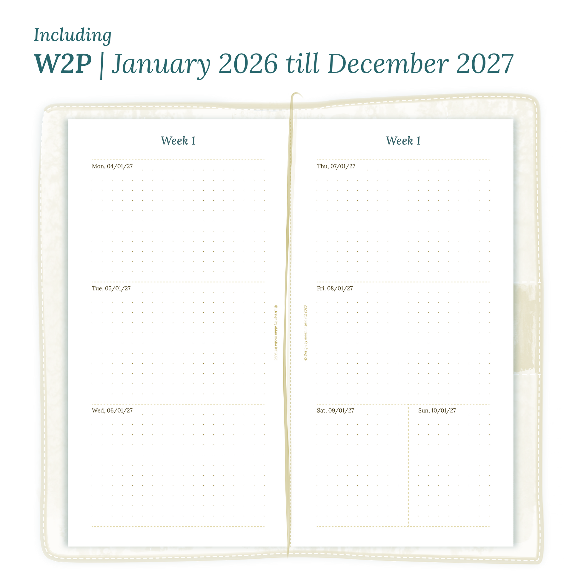 Open planner showing details of the PDF printable planner inserts module W2P week on 2 pages for 2026 and 2027 for Standard size Traveler's Notebook planner.