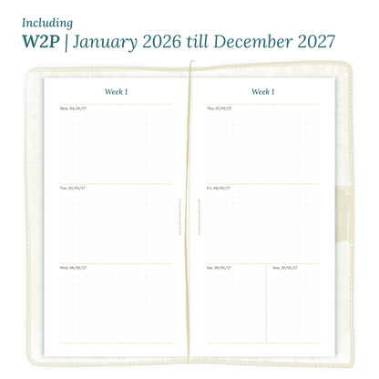 Open planner showing details of the PDF printable planner inserts module W2P week on 2 pages for 2026 and 2027 for Standard size Traveler's Notebook planner.
