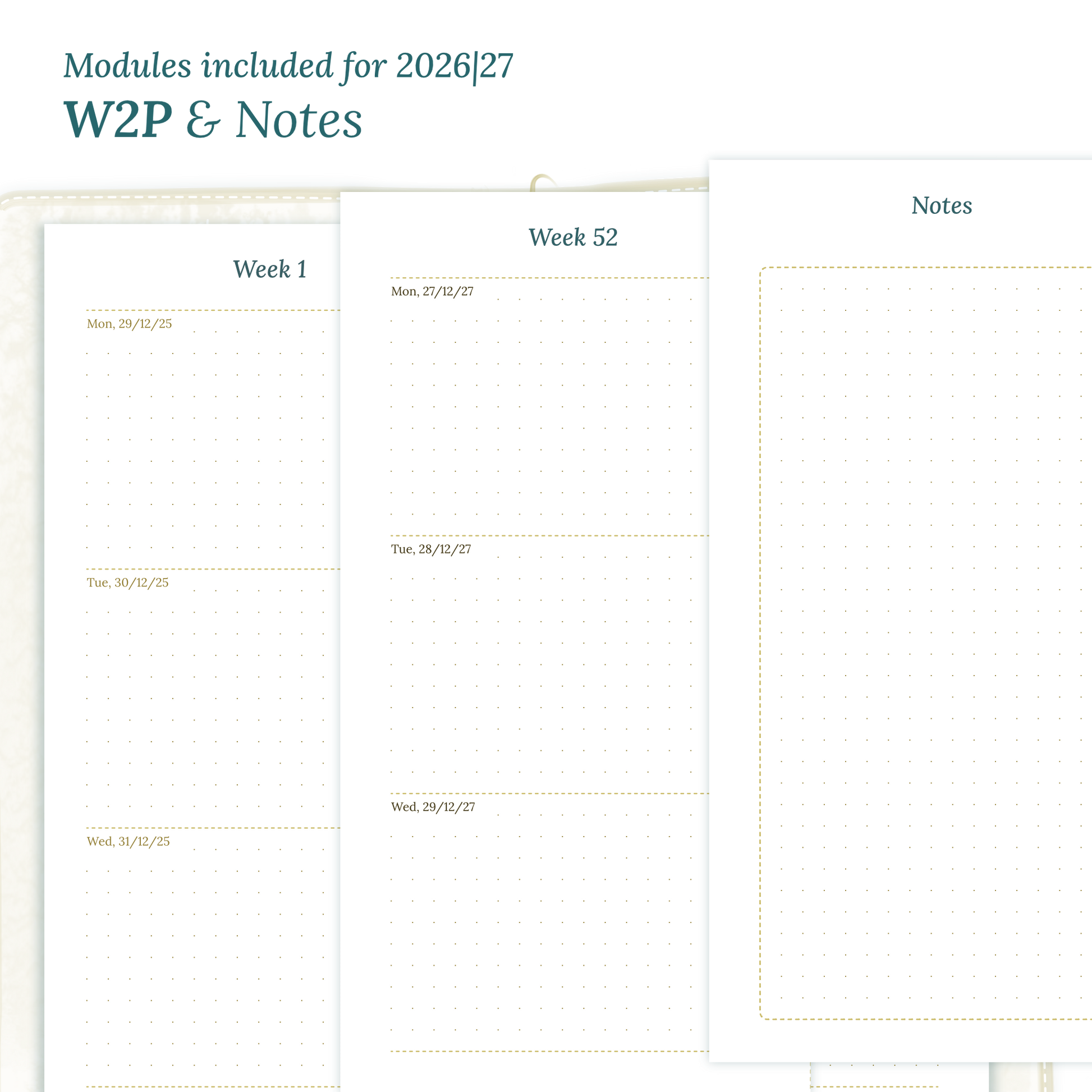 Calendar PDF printable inserts module for the years 2026 and 2027 featuring W2P week on 2 pages and a Notes module magnified.