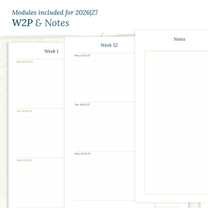 Calendar PDF printable inserts module for the years 2026 and 2027 featuring W2P week on 2 pages and a Notes module magnified.
