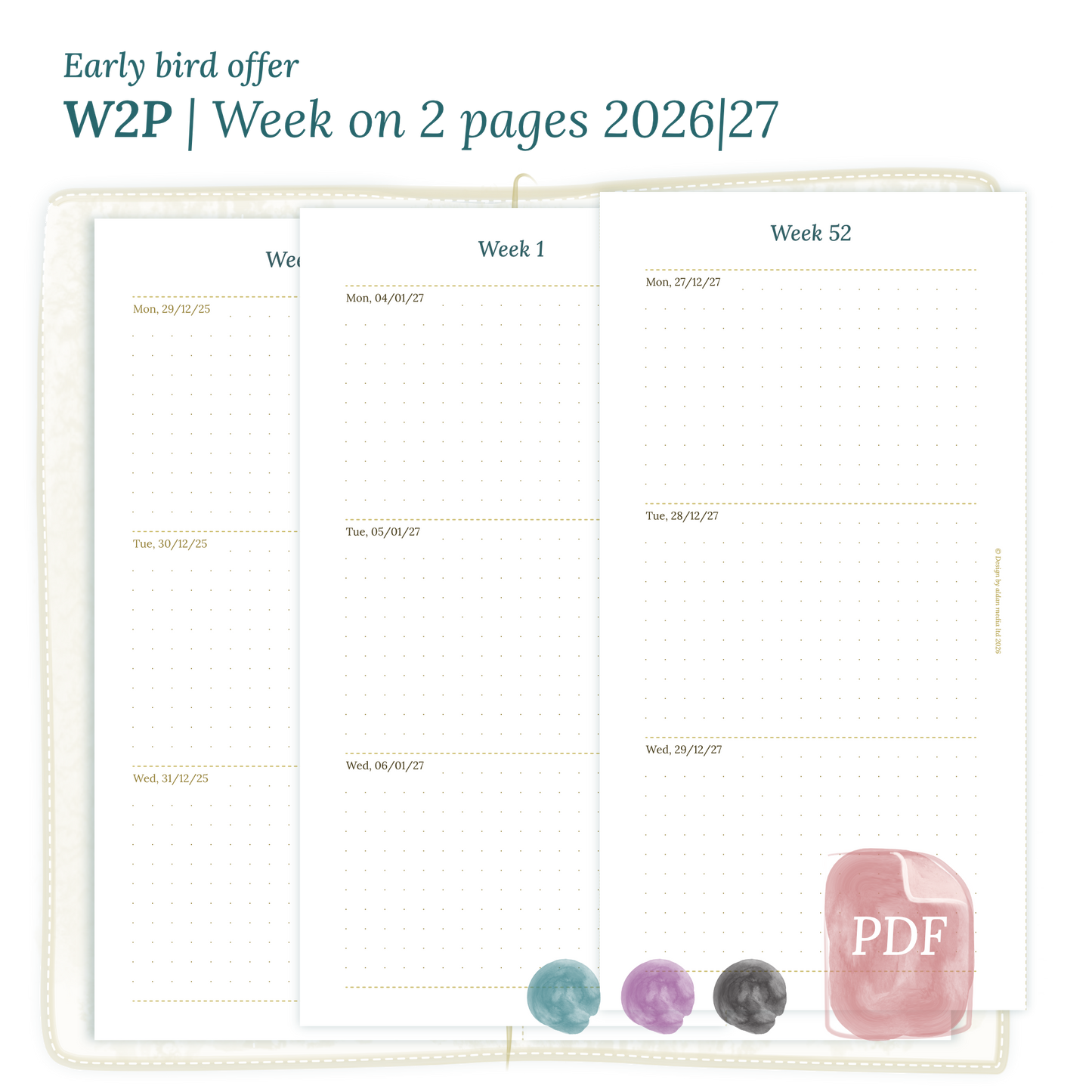 Calendar printable PDF W2P week on 2 pages module for 2026 and 2027 for Standard size Traveler's Notebook planner.