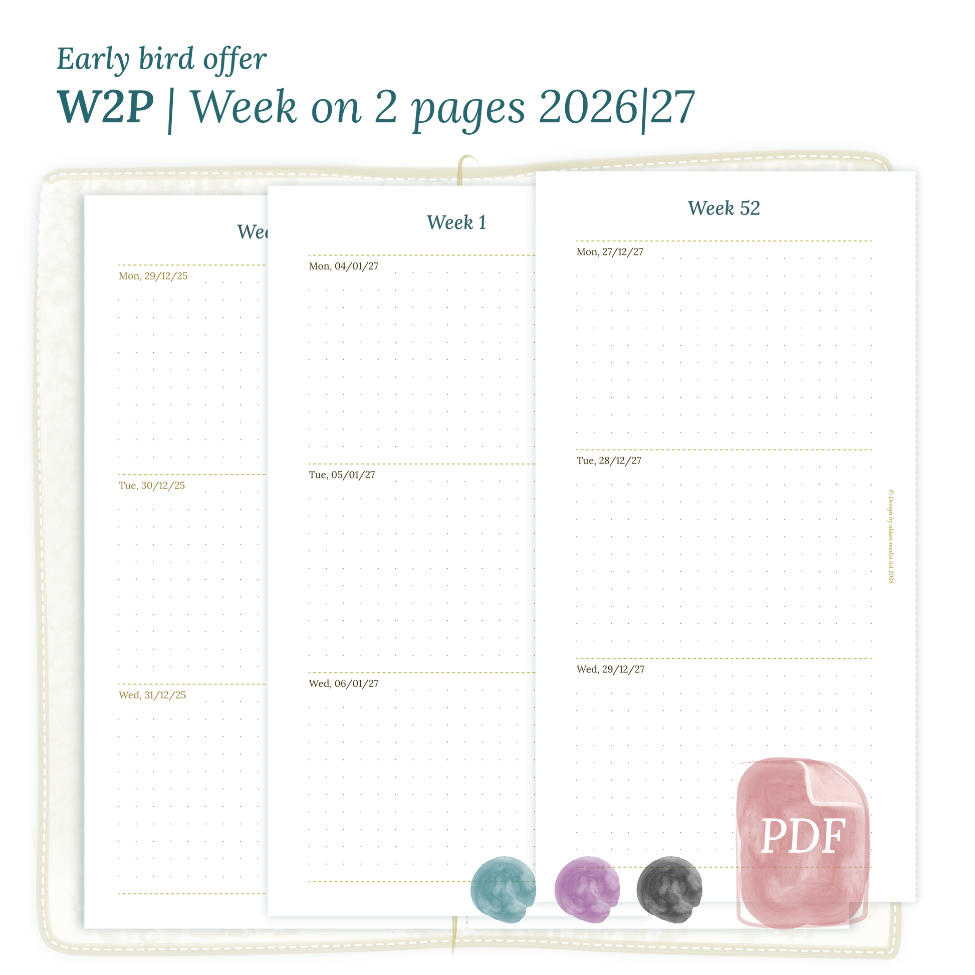 Calendar printable PDF W2P week on 2 pages module for 2026 and 2027 for Standard size Traveler's Notebook planner.
