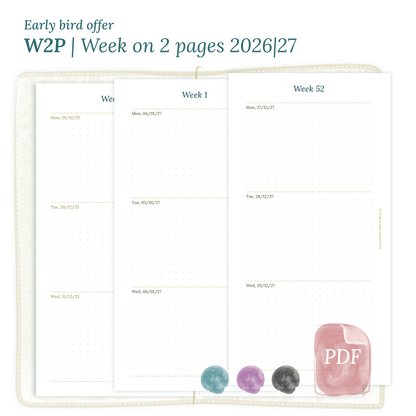 Calendar printable PDF W2P week on 2 pages module for 2026 and 2027 for Standard size Traveler's Notebook planner.