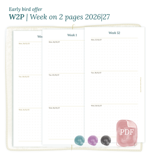Calendar printable PDF W2P week on 2 pages module for 2026 and 2027 for Standard size Traveler's Notebook planner.