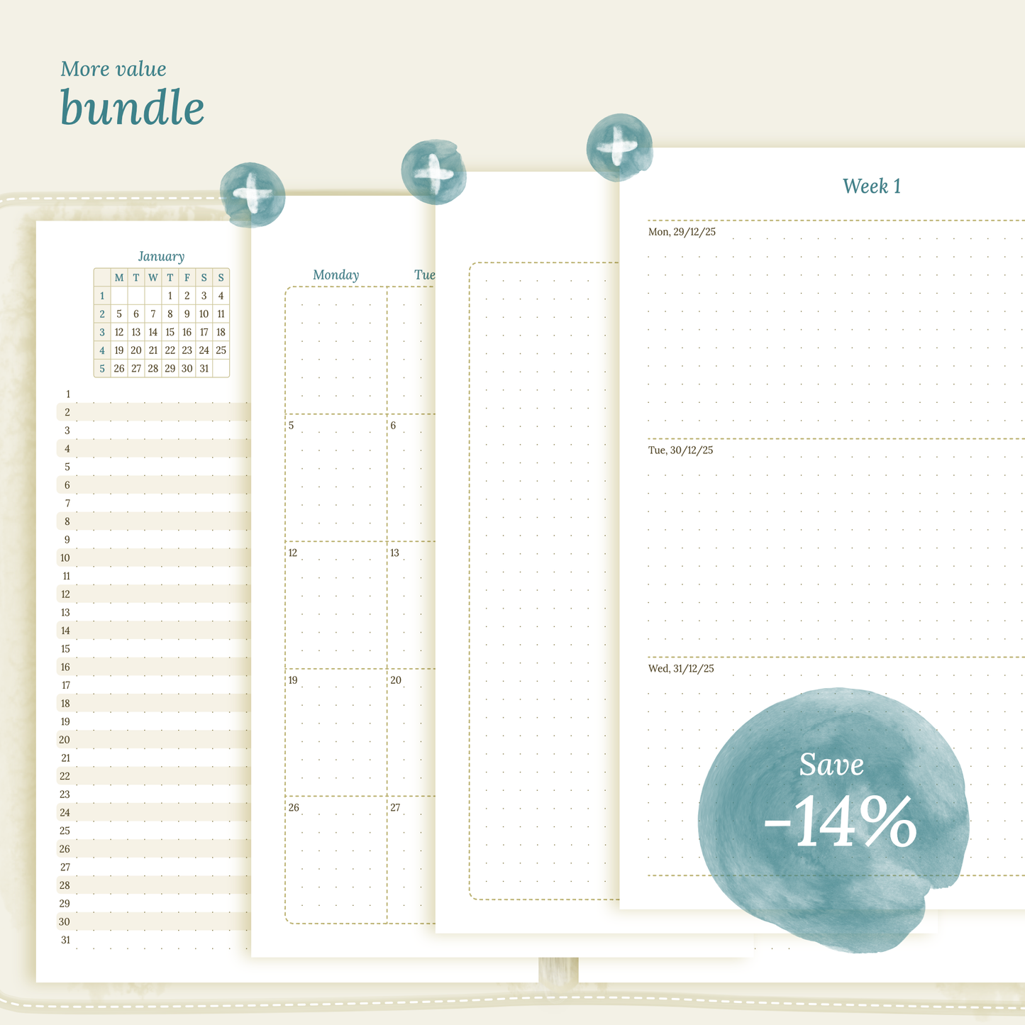 Bundle | Year at a glance, future log, monthly & week on 2 pages - A5