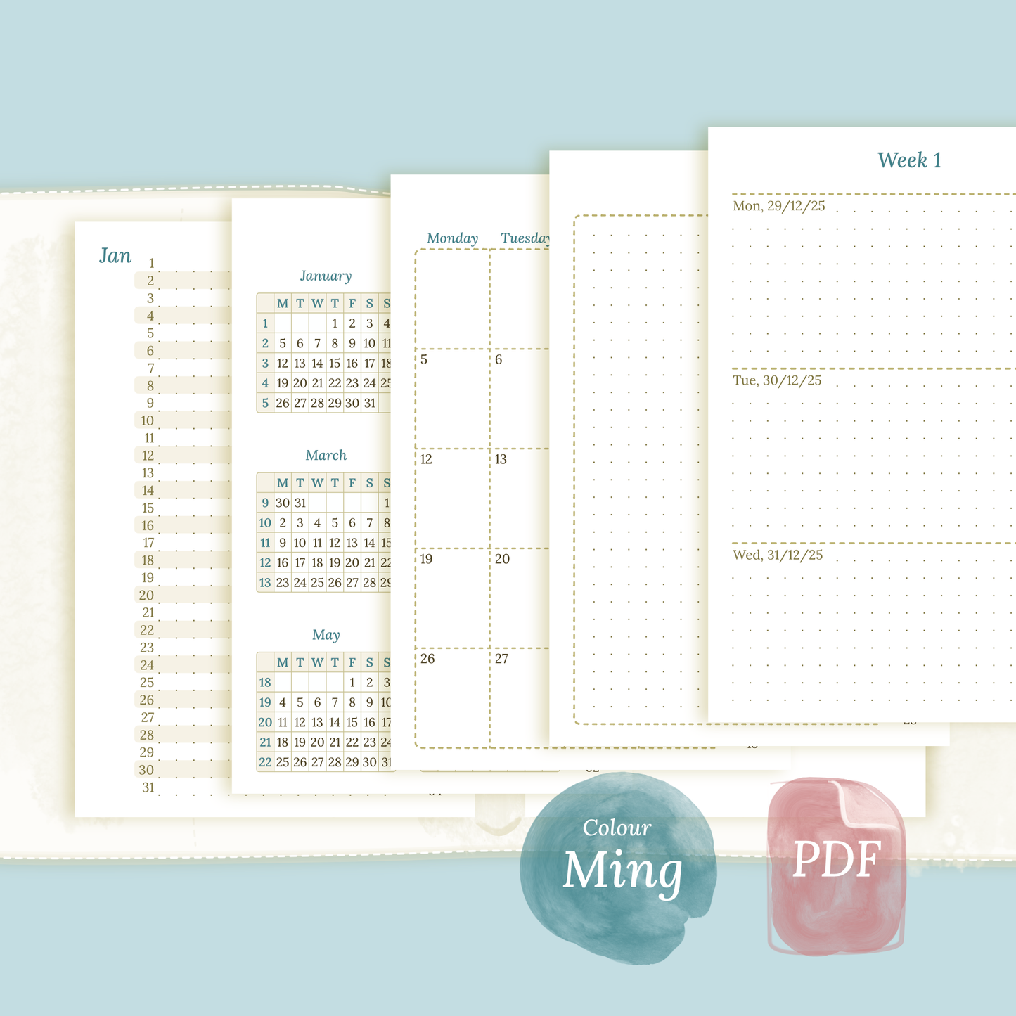 Bundle | Year at a glance, future log, monthly & week on 2 pages - Pocket