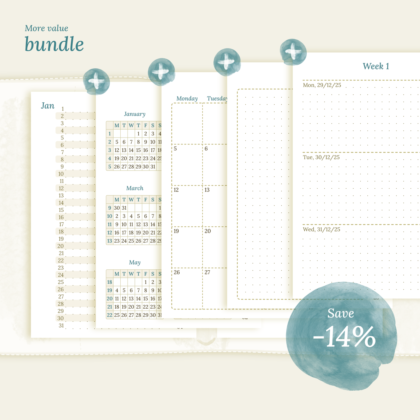 Bundle | Year at a glance, future log, monthly & week on 2 pages - Pocket