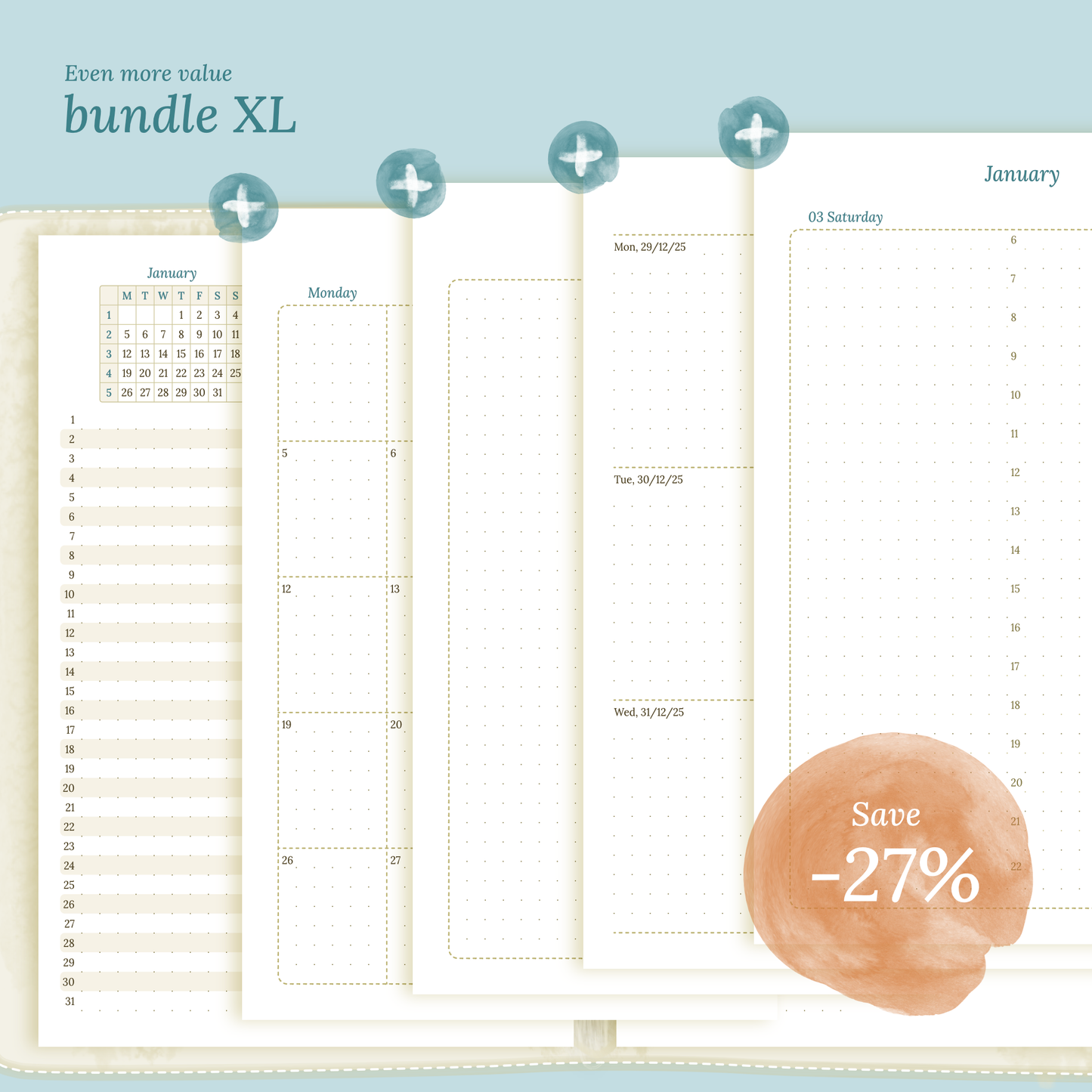 Bundle XL | Year at a glance, future log, monthly, week on 2 pages & daily - A5