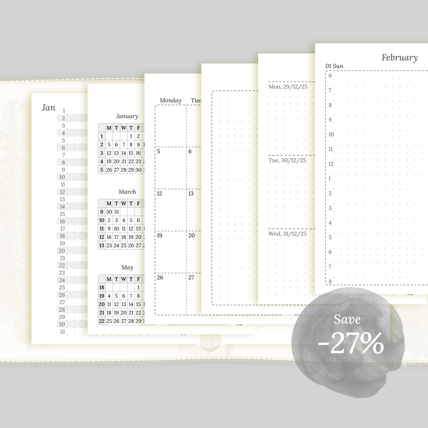 Bundle XL | Year at a glance, future log, monthly, week on 2 pages & daily - Pocket