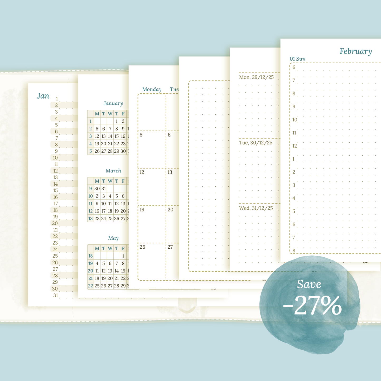 Bundle XL | Year at a glance, future log, monthly, week on 2 pages & daily - Pocket